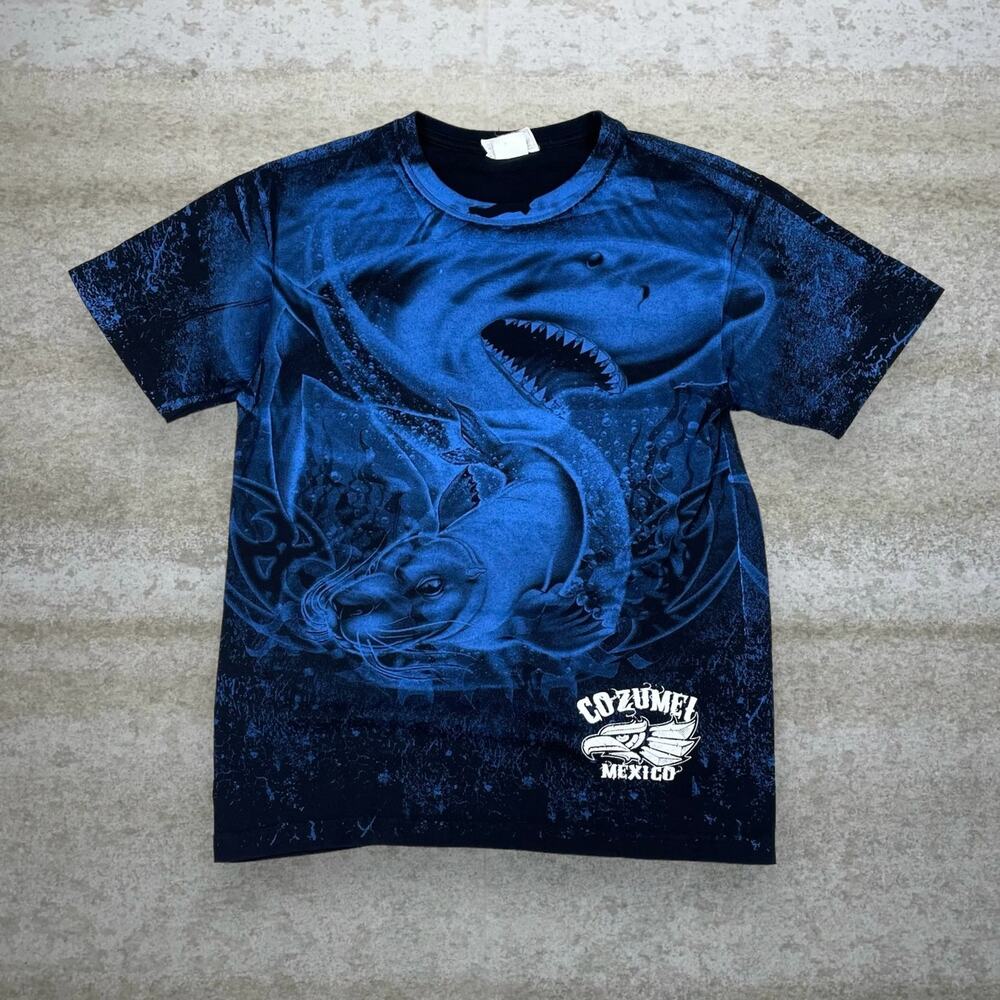 Vintage 90s Shark Nature Shirt Mens M Jet Black Cotton Short Sleeve